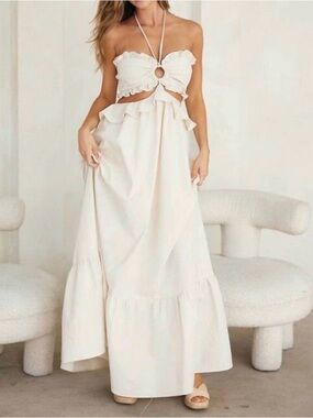 Women's Cream Midi Cutout Ruffle Dress